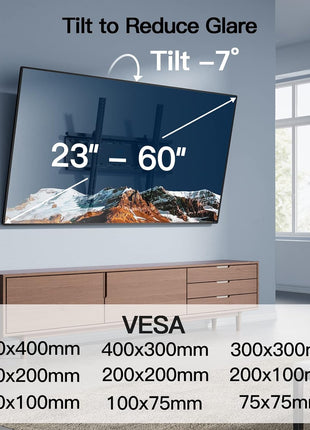 PERLESMITH Tilting TV Wall Mount Bracket Low Profile for Most 23-60 inch LED LCD OLED, Plasma Flat Screen TVs with VESA 400x400mm Weight up to 115lbs, Fits 16" Wood Stud