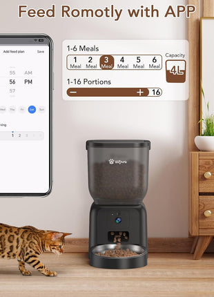 Automatic Dog & Cat Feeder,APP Controlled with Freshness Preservation, 4L Timed Cat Feeder with Timer Programmable, HD Camera for Voice and Video Recording (Black