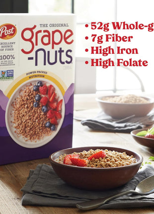 Post Grape Nuts Original Breakfast Cereal, Crunchy Whole Grain Wheat and Barley Cereal, Non GMO Project Verified, 20.5 OZ Box