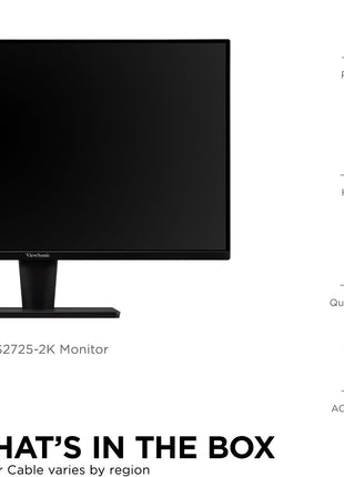 ViewSonic VS2725-2K 27 Inch QHD 1440p Monitor with 100Hz, HDMI, DisplayPort, and Variable Refresh Rate for Home and Office