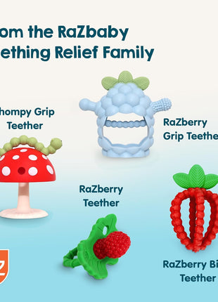 RaZbaby Soft Silicone Infant & Baby 3M+ Teether Toy Massaging Bristles Teething Relief Pacifier - Soothes Sore Gums - Hands-Free & Easy-to-Hold Chompy Teether, BPA Free (RED/Green)