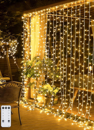 JMExSUSS 300 LED Remote Control Christmas Curtain Lights, Plug in Fairy Curtain Lights Outdoor, Window Wall Hanging String Lights for Bedroom Backdrop Wedding Party Indoor Patio xmas Decor, Warm White