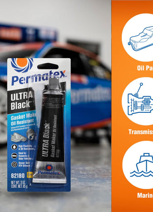 Permatex 82180 Ultra Black Maximum Oil Resistance RTV Silicone Gasket Maker, Sensor Safe and Non-Corrosive, for High Flex and Oil Resistant Applications 3 oz