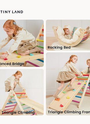 Tiny Land Pikler Triangle Set, 7-in-1 Foldable Climbing Toys Set for Kids | Baby Indoor Playground Jungle Gym, Wooden Montessori Climbing Set for Toddler,Ideal Gift for Kids (Rainbow)