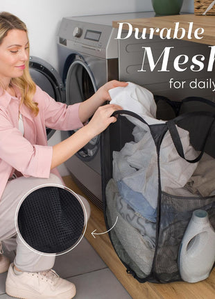 Handy Laundry Collapsible Mesh Pop Up Hamper with Wide Opening and Side Pocket   Breathable, Sturdy, Foldable, and Space Saving Design for Clothes and Storage (Black)