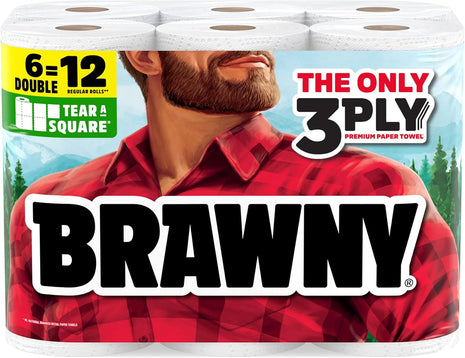 Brawny Tear A Square 3 Ply Paper Towels, 6 Double Rolls = 12 Regular Rolls, Strong, Absorbent, and Durable with 3 Sheet Sizes (Quarter, Half, Full)