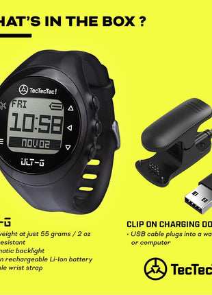 TecTecTec ULT-G Stylish, Lightweight and Multi-Functional Golf GPS Watch, Durable Wrist Band with LCD Display, Worldwide Preloaded Courses - Black