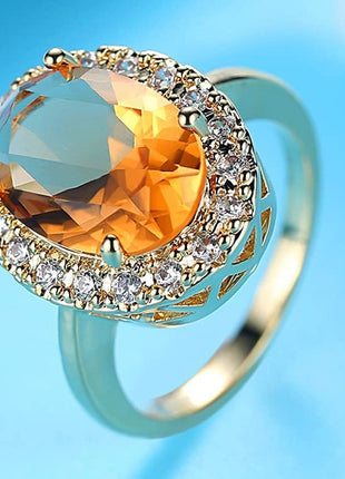 GUIDECUN Golden Tone Oval Shaped Champagne CZ & Round Clear Cubic Zirconia Halo Cocktails Engagement Ring for Woman (US Size 7)
