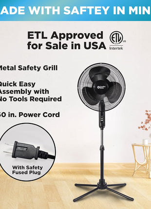 Comfort Zone Electric Oscillating Pedestal Fan, Stand Fan, 16 inch, 3 Speed, 90 Degree Oscillating Head, Adjustable Height and Tilt, Airflow 7.48 ft/sec, Ideal for Home, Bedroom & Office, CZST161BTEBK