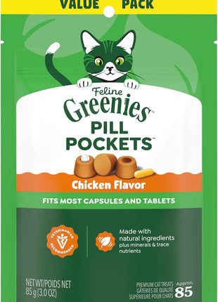Greenies Feline Pill Pockets for Cats Natural Soft Cat Treats, Chicken Flavor, 3 oz. Pouch (85 Treats)