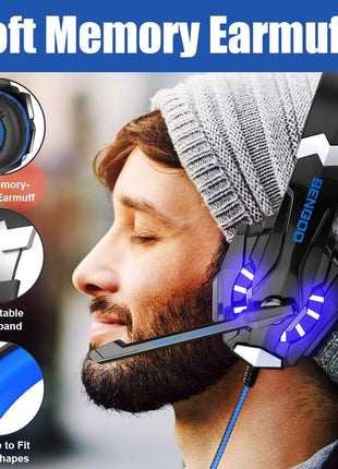 BENGOO G9000 Stereo Gaming Headset for PS4 PC Xbox One PS5 Controller, Noise Cancelling Over Ear Headphones with Mic, LED Light, 7.1 Surround Sound, Soft Memory Earmuffs for Nintendo Xbox Series X|S