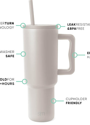 Simple Modern 40 oz Trek Tumbler with Handle and Straw Lid | Cup Holder Friendly Insulated Stainless Steel Travel Mug | Almond Birch