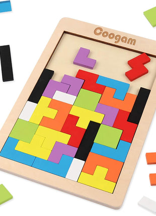 Coogam Wooden Blocks Puzzle Brain Teasers Toy Tangram Jigsaw Intelligence Colorful 3D Russian Blocks Game STEM Montessori Educational Gift for Kids (40 Pcs) | Wooden Puzzle Box Brain Game Building Block Intelligence Educational Gift for Toddlers