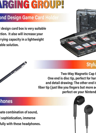 Deruitu Switch Accessories Bundle Compatible with Nintendo Switch, Kit with Carrying Case, Screen Protector, Compact Playstand, Game Case, Joystick Cap, Charging Dock,Steering Wheel, (18 in 1)