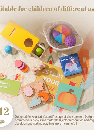 Montessori Toys for Babies 6-12 Months 6 in 1 Learning Educational Toys Set Wooden Toys Play Kit Includes Object Permanence Box, Touch & Match Board, Sensory Ball & Treasure Basket, Soft Baby Book