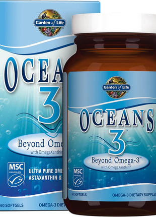 Garden of Life Oceans 3 Beyond Omega-3 with OmegaXanthin, EPA, DHA Supplements, Fish Oil with 1200 mg Omega 3, Astaxanthin & Brown Seaweed Extract - 60 Softgels