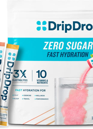 DripDrop Sugar Free Hydration Packets   Zero Classic Variety Pack   Single Serve Electrolytes Powder Drink Mix   Lemon Lime, Watermelon, Peach, Passion Fruit   Non GMO, Gluten Free, Vegan   32 Sticks