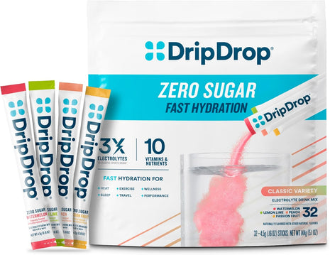 DripDrop Sugar Free Hydration Packets   Zero Classic Variety Pack   Single Serve Electrolytes Powder Drink Mix   Lemon Lime, Watermelon, Peach, Passion Fruit   Non GMO, Gluten Free, Vegan   32 Sticks