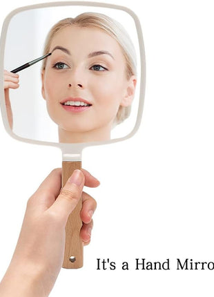 YEAKE Hand Held Mirror with Handle for Makeup,Small Cute Wood Hand Mirror for Shaving with Hole Hanging Single-Sided Portable Travel Vanity Mirror for Men&Women(Square)