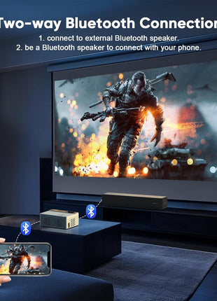 TMY 1080P Mini Portable Projector, 2-way Bluetooth, with 80in Screen | 1080P home theater, indoor/outdoor movies, Compatible with TV Stick/Roku/Phone/PC/PS/DVD/HDMI/USB