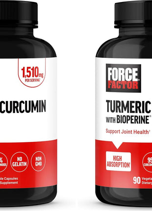 Force Factor Turmeric Curcumin Supplement with Black Pepper, Joint Support Supplement with BioPerine for Enhanced Absorption, No Gelatin, Non-GMO, 90 Capsules (Pack of 2)