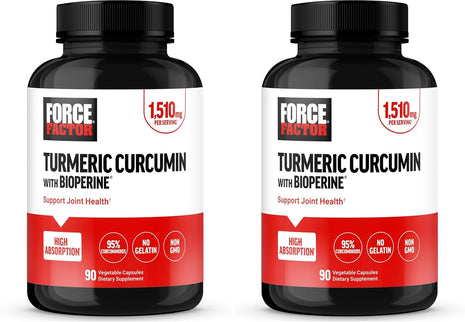 Force Factor Turmeric Curcumin Supplement with Black Pepper, Joint Support Supplement with BioPerine for Enhanced Absorption, No Gelatin, Non-GMO, 90 Capsules (Pack of 2)