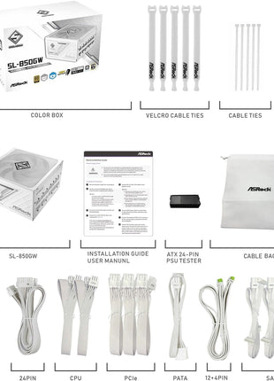 ASRock Steel Legend White Edition SL-850GW 850W ATX 3.1 PCle 5.1 Full Modular 10 Years Warranty 135 mm FDB Fan iCOOL Intelligent Power Supply 80 Plus Gold Cybenetics Platinum 12V-2x6 Cable