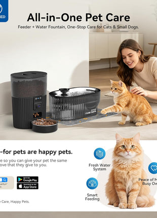 PAPIFEED Automatic Cat Feeder and Water Fountain Stainless Steel, WiFi Timed Auto Cat Feeder with Camera & App, Cat Food & Water Dispenser, Quiet Pet Drinking Fountain with LED, Smart Dog Feeder Set