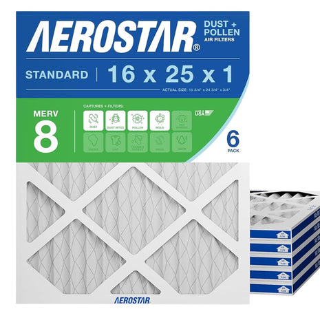 Aerostar 16x25x1 MERV 8 Air Filter, 6 Count, ACTUAL SIZE (15.75 x 24.75 x 0.75), HVAC, Air Conditioning & Furnace Filter Captures Dust, Lint & Pollen (MPR 600 / FPR 5), Made in USA