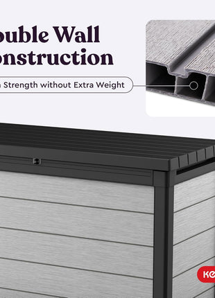 Keter Denali 200 Gallon Resin Large Deck Box with Double Wall 20mm Panels - Paintable and Drillable-Organization and Storage for Patio Furniture and Outdoor Items, Grey & Black
