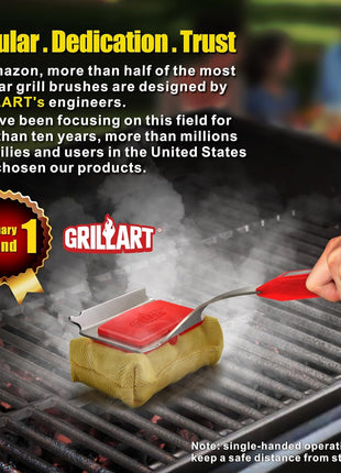 GRILLART Grill Brush Bristle Free. SteamWizards BBQ Replaceable Cleaning Head, Unique Seamless-Fit Scraper Tool for Cast Iron/Stainless-Steel Grates, Safe Barbecue Grill Cleaner-Red