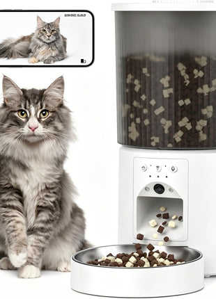 Automatic Cat Feeder, 4.5L Easy Install Pet Food Dispenser, 1080P HD Camera, 5GWIFI with Night Vision, Motion Alarm, Stainless Steel (White)