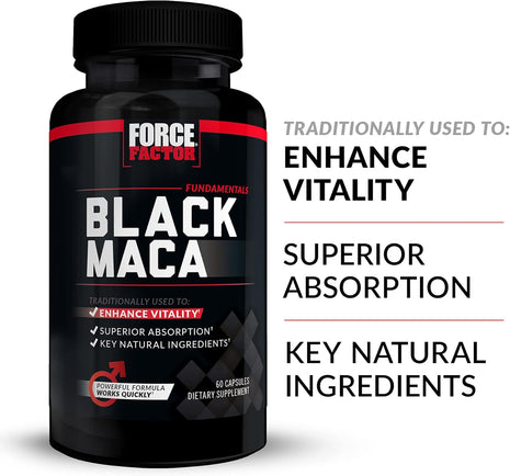 Force Factor Black Maca Root Vitality Supplement for Men with Superior Absorption and Power, Natural Maca Negra Extract, Fundamentals Series, 1000mg, 60 Capsules (Pack of 3)