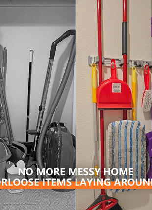 reliahom Broom Holder Wall Mount Mop and Broom Hanger Wall Mounted Garage Storage Rack Kitchen Garden Tool Organizer (4 Racks with 5 Hooks, Silver)