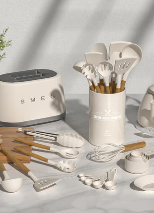 Umite Chef Kitchen Cooking Utensils Set, 33 pcs Non-Stick Silicone Cooking Kitchen Utensils Spatula Set with Holder, Wooden Handle Silicone Kitchen Gadgets Utensil Set (Khaki)