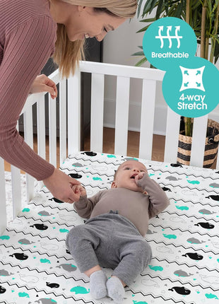 Pack n Play Sheets, BROLEX 2 Pack Mini Crib Sheets,Stretchy Portable Fitted Playard Sheet Set, Convertible Playard Mattress Cover,Ultra Soft Breathable Material,Elephant Whale