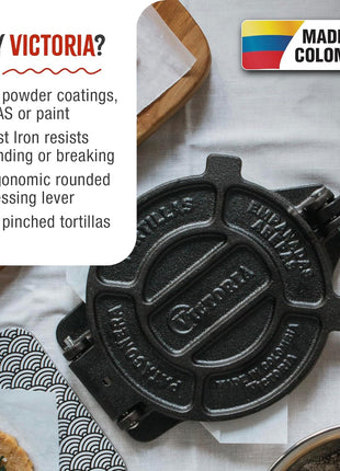 Victoria 8 Inches Cast Iron Tortilla Press, Roti Maker and Tortilladora, Pataconera Seasoned with Flaxseed Oil, Made in Colombia