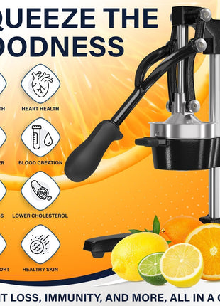 Eurolux Ultra-Premium Cast Iron Juicer | Extra-Large, Heavy Duty, Commercial Grade, Stainless Steel Manual Hand Press Citrus Squeezer For Fresh Orange Juice, Pomegranate, Lemon, and Much More (Black)