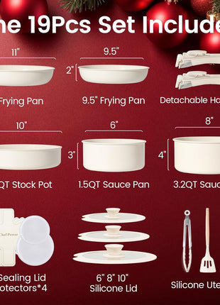 Chef Power Ceramic Cookware Set Non Toxic with Detachable Handles, Healthy Nonstick Pans and Pots Set 19 Pcs, Induction Dishwasher Oven Safe Kitchen Set, PFAS PFOA & PTFE Free, Cream White
