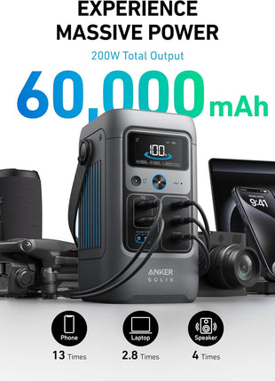 Anker SOLIX C200 DC Power Bank Station, 192Wh Portable Power Station, LiFePO4 Battery, 200W Solar Generator, for Outdoor Camping, Traveling, and Emergencies (No Wall Charger Included)