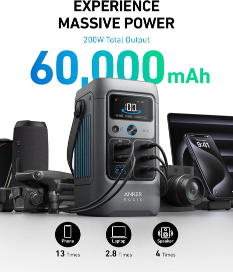 Anker SOLIX C200 DC Power Bank Station, 192Wh Portable Power Station, LiFePO4 Battery, 200W Solar Generator, for Outdoor Camping, Traveling, and Emergencies (No Wall Charger Included)