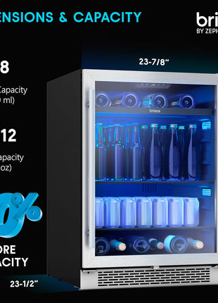 Zephyr Brisas 24 Inch Wine Fridge Single Zone Under Counter - Beverage and Wine Cooler Drink Refrigerator for Home with Glass Door 8 Bottles 112 cans