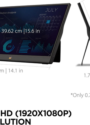 ViewSonic VA1655 15.6 Inch 1080p FHD IPS Portable Monitor with Built-in Stand, 60W USB C, Mini HDMI, Protective Case and Speakers for PC, Mac, Gaming Consoles, Phones