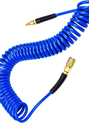 YOTOO Polyurethane Recoil Air Hose, Air Compressor Hose 1/4" Inner Diameter by 25' Long with Bend Restrictor, 1/4" Industrial Quick Coupler and Plug, Blue