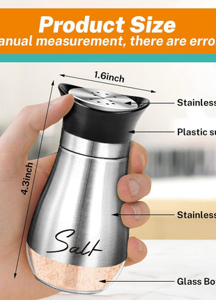 Salt and Pepper Shakers - 4 oz Silver Glass Set with Stainless Steel Lids | Refillable Glass Shakers with Stainless Steel Lids for Cooking, Dining, RV Trips, Camping and BBQs; 4 oz Capacity Each.