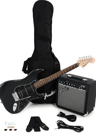 Squier Affinity Series Stratocaster Packs Electric Guitar, Charcoal Frost Metallic, Laurel Fingerboard | Hss Strat Pack, Indian Laurel Fingerboard, Poplar Body, Includes Frontman 15g Amp, Gig Bag, Cable, Strap and Picks, 21 Frets