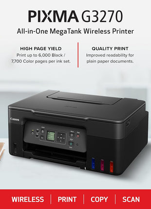 Canon MegaTank G3270 All-in-One Wireless Inkjet Printer, Home Use, Print, Scan and Copy | Includes ink bottles, print heads and power cord for printing, scanning and copying