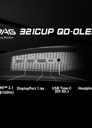 msi MAG 321CUP QD-OLED, 32-Inch, 4K UHD, 3840x2160, OLED Monitor, 165Hz, 0.03ms, DisplayHDR True Black 400, G-SYNC Compatible, HDMI 2.1, DP 1.4a, USB C (15W PD), Tilt/Height Adjustable, Black