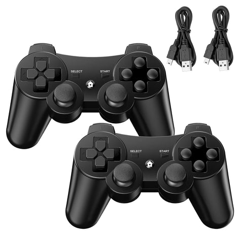 Diswoe Controllers for PS-3, Wireless PS-3 Controller 2 Pack, Bluetooth Gamepad Joystick, Double Vibrating Controller for Play_station 3 with 2 USB Charging Cables Thump Grips, Black