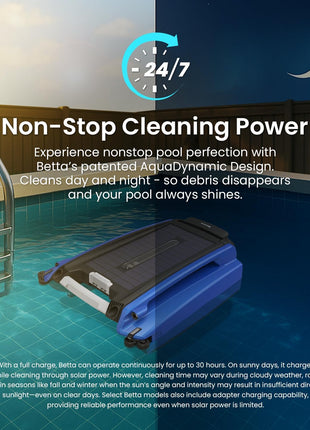 Betta SE Solar Powered Automatic Robotic Pool Surface Skimmer Cleaner with 24/7 Continuous Cleaning Battery Power and Re-Engineered Twin Salt Chlorine Tolerant Motors (Blue)